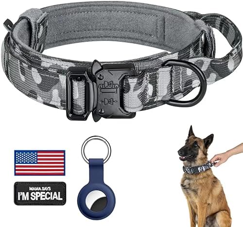 DAGANXI Tactical Dog Collar, Adjustable Military Training Nylon Dog Collar with Control Handle and Heavy Metal Buckle for Medium and Large Dogs, with Patches and Airtags Case (XXL, Camo)