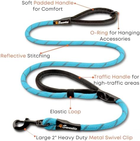 Zerosky Sweetie Rope Dog Lead - Strong Leash Blue with 2 Comfortable Padded Handles 5 FT for Medium & Large Size Pets - Reflective, Weather Resistant & O-Ring