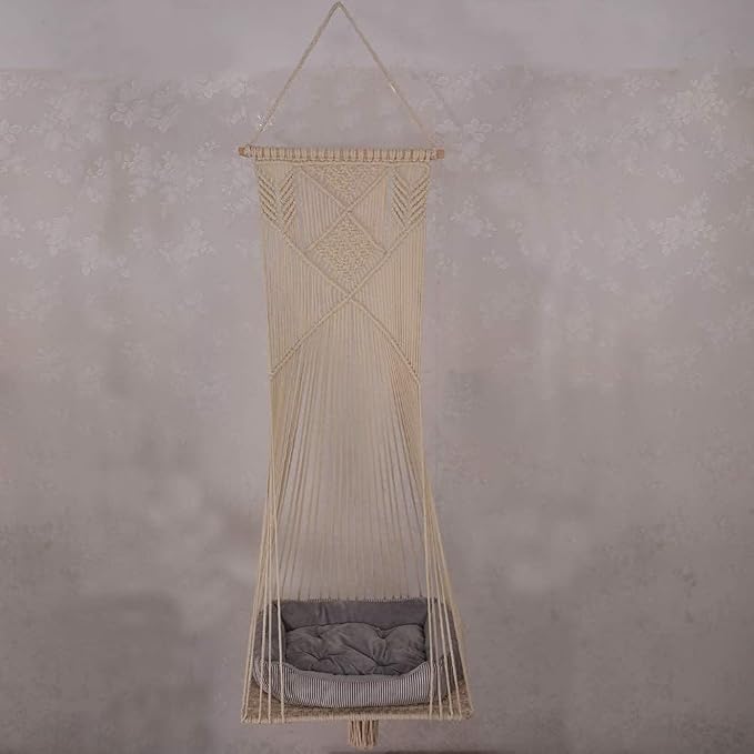 Macrame Hanging Cat Hammock Bed Cat Swing House Space Saving Window Perch with Washed Cotton Cats Toy Tassel Basket Tapestry (Beige, Swing Bed+Cushion, XL)