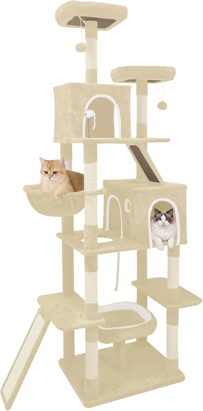 Multi-Level Cat Tree with 2 Cozy Condos, 89" Tall Cat Tower for Large Cats, Heavy Duty, Scratch Posts & Perches (Beige)