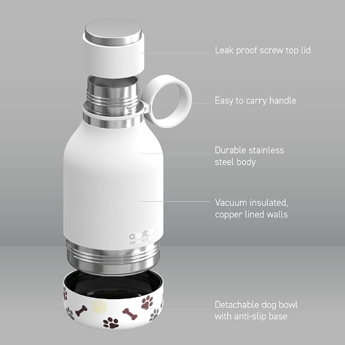 asobu Buddy Bottle, a Stainless Steel Insulated Water Bottle with Removable Dog Water Bowl and Dog Food and Treat Storage plate (White, 37 oz Water Bottle with 2 Bowls)