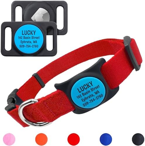 GoTags Personalized Dog Collar with Custom Engraved Holder for AirTag, Adjustable Dog Collar Pet ID Tag, Silent, No Noise Dog Tag for Large Medium or Small Dogs (Red, Medium)