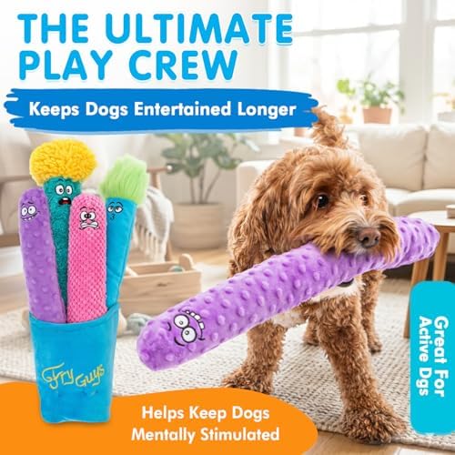 Guru Pet: Fry Guy: 5 Piece Set - Large - 4 Plush Dog Toys w/Holder, Squeaks & Crinkles, Fry Shape Characters, Durable Fabric, Chew-Fetch-Thrash-Play