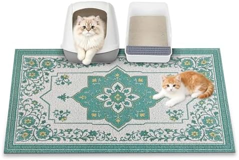 Cat Litter Mat, 35" x 23" Litter Box mat, Traps 100% Litter, Non-Slip Kitty Litter Trapping mats, Large Cute Litter mat, Easy Clean for Scatter Control, Bohe cat Food mat, Urine Waterproof