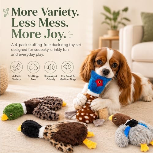 Stuffing-Free Duck Dog Toys, 4 Pack Squeaky Crinkle Plush Dog Toy Set, No-Stuffing Puppy Toys for Small & Medium Dogs, Soft Dog Toys for Light to Moderate Chewers