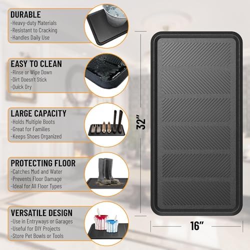 Ottomanson Indoor/Outdoor Boot Tray Non-Slip Rubber 16" x 32" Modern Entryway Mat for Entryway, Patio, Backyard, Garage, 16" x 32", Black