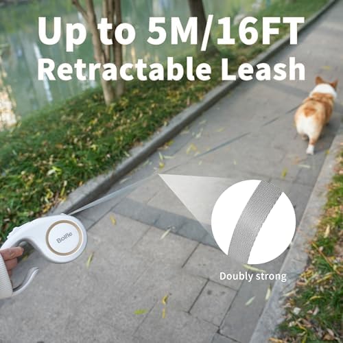 360° Tangle-Free Retractable Dog Leash 16 ft Heavy Duty Reflective Nylon Tape for Small to Medium Dogs Up to 60lbs,Soft Grip, Lock(Medium, White)