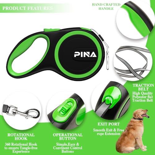 PINA Retractable Dog Leash, 10ft Dog Leash for Small Dogs Up to 33lbs, 360° Tangle-Free Strong Reflective Nylon Tape, with Anti-Slip Handle, One-Handed Brake, Lock - Black Green
