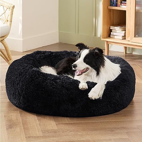 Bedsure Calming Dog Beds Large Sized Dog Donut Washable Pet Bed,36ins Black