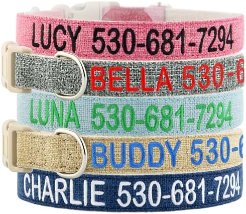 Personalized Cotton Hemp Dog Collar, Embroidered with Pet Name and Number