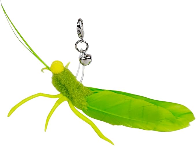 TTcat 3 Pack Grasshopper Cat Wand Refills, Realistic Green Insect Natural Feather Detachable Replacement Toy with Bell, Universal Lobster Clip-on Cat Teaser Attachments.