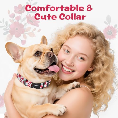 Kazazoo Dog Collar Cute and Soft Nylon Puppy Collar for Boy and Girl Dogs, Adjustable Dog Collars for Medium Dogs, Red Flowers-M
