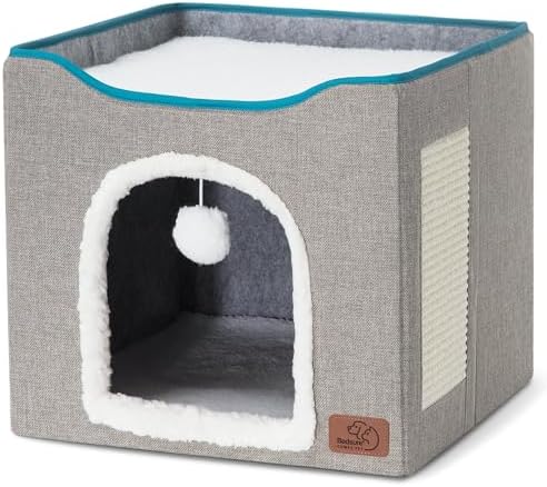 Bedsure Cat House Bed for Indoor Cats with Fluffy Ball and Scratch Pad,Grey