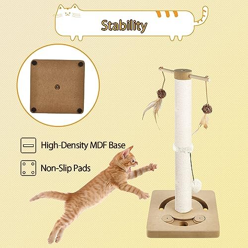 AUSCAT Cat Scratching Post with Multiple Interactive Toys, Vertical Sisal Cat Scratcher for Indoor Cats and Kittens, 24.8 inches, Beige