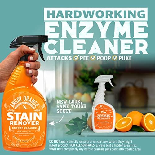 ANGRY ORANGE Pet Stain and Odor Remover - 2 Spray Pack - 32 oz Dog, Ferret, Rabbit & Cat Urine Enzyme Cleaner - 8 oz Strong Pet Odor Eliminator Concentrate - For Pee on Carpet, Furniture, Tile, Wood