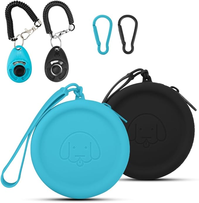 Silicone Dog Treat Pouch Small Bag,2PCS Pet Walking Bag for Dog and Cat,Pocket Size,Easy to Clean, Odorless, Zipper Design,Moisture-Proof,Travel Walking Bag,Portable Training Bag(Lake Blue&Black)