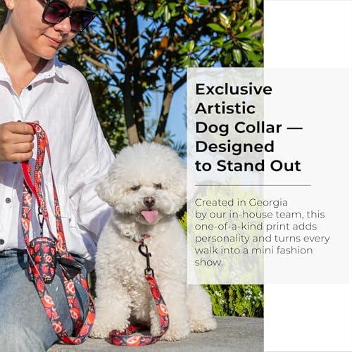 KIKI & RIKI Soft Nylon Dog Collar for Small Dogs, Adjustable, Quick-Release Buckle, Size S (Neck 9.4-14.6"), Black & Red Artist-Designed Print
