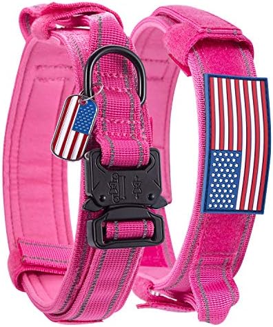 Dog Collar Tactical Highly Reflective Military Pet Collar Nylon with a American Flag Patch and a American Flag Pendant K9 Collar with Metal Buckle and Control Handle for XL Pink
