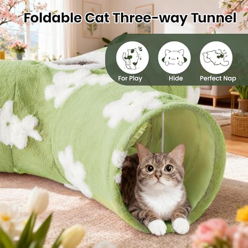 Tempcore Cat Tunnel, 3-Way Collapsible Toy for Indoor Cats, Daisy Green