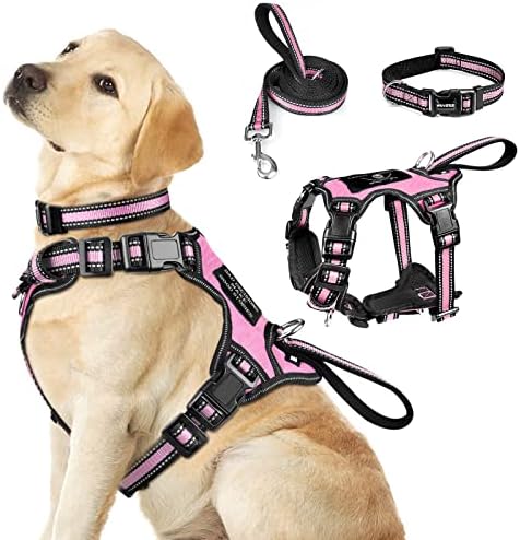 WINSEE Pet Harness Collar and Leash Set, All-in-one Reflective Dog Harness No Pull with Adjustable Buckles for Puppies, Small, Medium, Large, and Extra-Large Dogs (Large, Pink)
