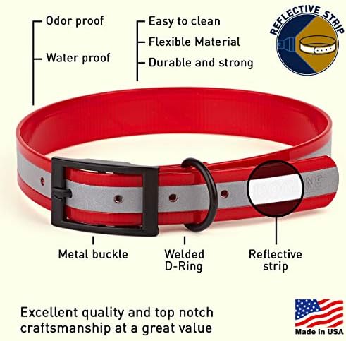 Dogline Biothane Translucent Reflective Waterproof Dog Collar Strong Coated Nylon Webbing with Black Hardware Odor- Proof for Easy Care Clean Fits Small Medium or Large Dogs - Red 1" W x 18"-22" L