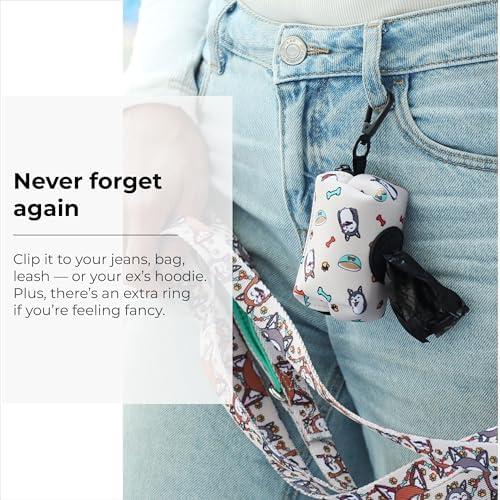 KIKI & RIKI Premium Dog Poop Bag Holder, Waste Bag Dispenser with Leash Clip, Artist-Designed Print (Designed in Georgia), Includes 1 Starter Roll of Bags, Fits Standard Rolls, Beige (Funny Pups)