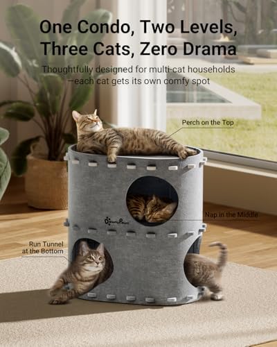 DownyPaws Cat House for Indoor Cats, 2-Storey Cat Bed Cave, Light Gray