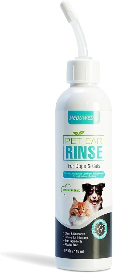 MEDUWEDU Dog Ear Cleaner, Dog Ear Care Liquid, Dog and Cat Ear Cleaner to Eliminates Ear Odour, Dirt and Debris Pet Ear Cleaner Solution,Remove Wax, Dirt & Stop Smelly, Itchy, Non-Irritating, 4 Fl oz