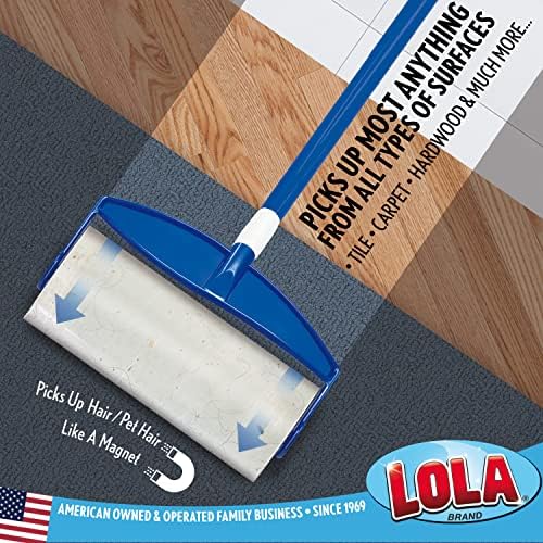 LOLA Rola PET Hair Remover Sticky Mop, Giant Floor Lint Roller, 9.5" x 3.5", Extender Handle, Largest Head, Traps Hair, Dust, Dirt, Extra Sticky Sheets