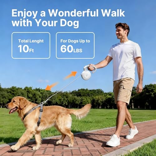 10Ft Retractable Dog Leash with Auto-Locking Function, 360°Tangle-Free Retraction and Ergonomic Lightweight Handle for Small Dogs Up to 60Lbs