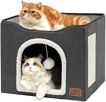 Bedsure Cat House Bed for Indoor Cats with Fluffy Ball and Scratch Pad