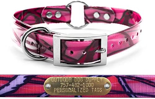 Heavy Duty D & Center Ring Dog Collar w Custom Name Tag, Pink Camo 21"