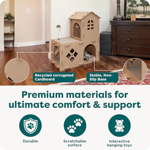 FurHaven Farmhouse Multi-Level Cardboard Cat House for Indoor Cats with Catnip & Toys, Double-Walled Corrugated Scratcher Designed for Lounging, Play & Comfort, One Size, Cardboard, Brown