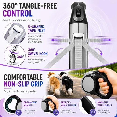 Double Retractable Dog Leash for Two Dogs Up to 115 lbs - 18.6 ft Coupler Leashes for Small Medium Dogs - One Locked System, Non Slip Grip, Tangle Free