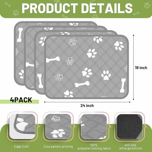 PatiencET Washable Pee Pads for Dogs, 18" x 24" 4 Pack, Reusable Puppy Training Pads with Super Absorbent Core & Non-Slip Waterproof Bottom, Value Set for Small Dogs