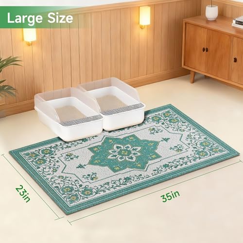 Cat Litter Mat, 35" x 23" Litter Box mat, Traps 100% Litter, Non-Slip Kitty Litter Trapping mats, Large Cute Litter mat, Easy Clean for Scatter Control, Bohe cat Food mat, Urine Waterproof