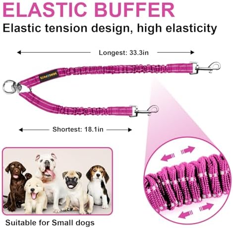 MingXpet 2 Dog Leash, Dog Leash for 2 Dogs, 360° Swivel No Tangle Double Walking Training Leashes for Small Dogs, Comfortable Shock Absorbing Reflective Bungee, Rose