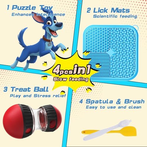 5 in 1 Dog Puzzle Toy Set for Slow Feeding and Puppy IQ Training, Stimulating Cognitive Anxiety Relief and Keeping Dog Busy, Pet Interactive Toy, Treat Dispensing Ball and Lick Mat for Flur