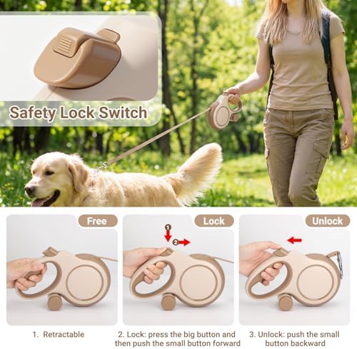 Segarty 26 Ft Walking Lead with Poop Bag Holder for Pet 66 lbs - 110 lbs, 360°Tangle-Free 8m Long Retractable Leash with Anti-Slip Handle One-Handed Brake Pause Lock, Heavy-Duty Leash for Dogs Outside