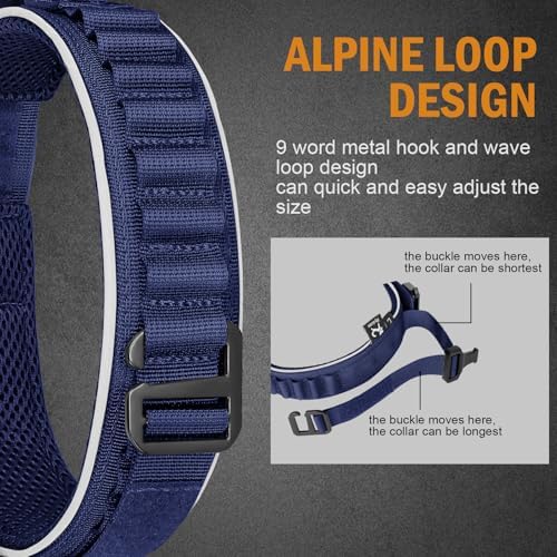 HYDEME Tactical Dog Collar, Alpine Loop Adjustable Military Training Nylon Dog Collars with Handle and Reflective for Small Medium Large Dogs, with Airtags Protective Case & Patches.(XL,Deepblue)