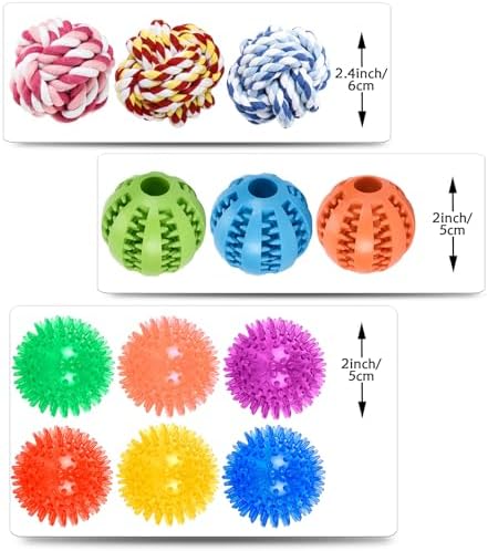 Dog Toy Balls for Small Dogs, 12 Pack Interactive Dog Toys for Small Breed 0-15 lbs, Includes Rubber, Squeak & Rope Balls