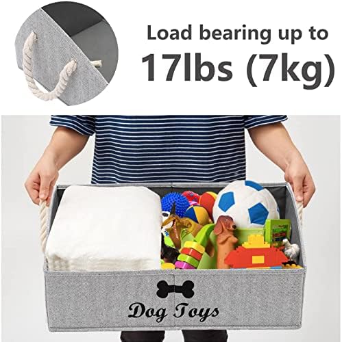 Geyecete Large Dog Toys Storage Bins-Foldable Fabric Trapezoid Organizer Boxes with Weave Rope Handle,Collapsible Basket for Shelves,Dog Apparel(Striped Gray-Dog)