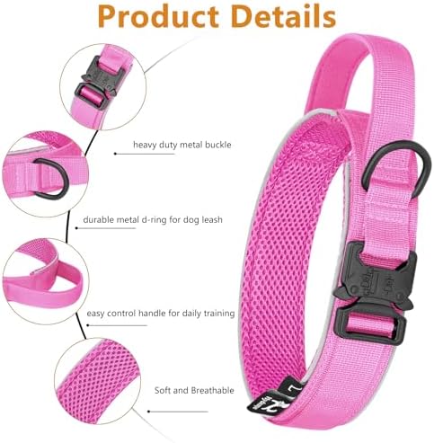HYDEME Tactical Dog Collar, Alpine Loop Adjustable Military Training Nylon Dog Collars with Handle and Reflective for Small Medium Large Dogs, with Airtags Protective Case & Patches.(L,Pink)