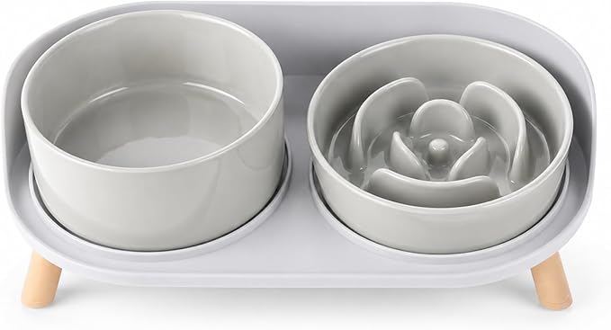 Elevated Slow Feeder Dog Bowls - Ceramic Food and Water Bowl Set with Stand - Raised Pet Dishes for Small and Medium Sized Dogs