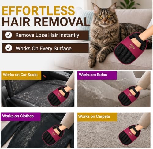 Pet Hair Remover Glove for Dogs & Cats - Reusable Double-Sided Electrostatic Grooming Mitt for Couch, Car Seats, Furniture, & Clothing - Washable Fur & Lint Removal Tool (1 Pack) Burgundy