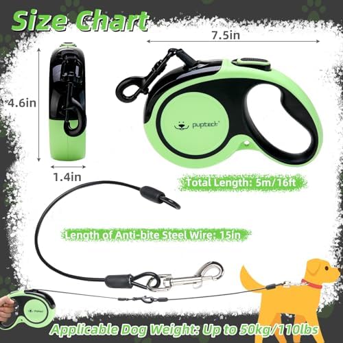 PUPTECK Retractable Dog Leash with Detachable Chew Proof Cable, Green, 16ft