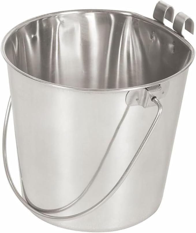 9 Quart Stainless Steel Bucket with Dual Hook | Perfectly Fits on Kennels, Cages and Critter Crates | Heavy Duty Bucket for Pets Cleaning & Food Prep - Flat Sided Pail