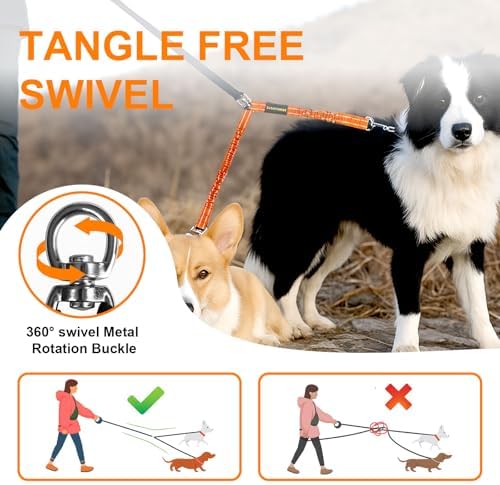 MingXpet 2 Dog Leash, Dog Leash for 2 Dogs, 360° Swivel No Tangle Double Walking Training Leashes for Large Dogs that Pull, Comfortable Shock Absorbing Reflective Bungee, Orange