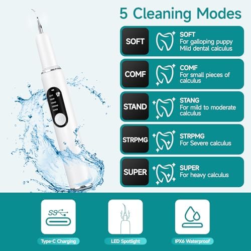 Dog Teeth Cleaning Kit Dog Plaque and Tartar Remover with LED Light 5 Adjustable Modes Electric Toothbrush Pet Teeth Cleaner for Dogs and Cats (White)