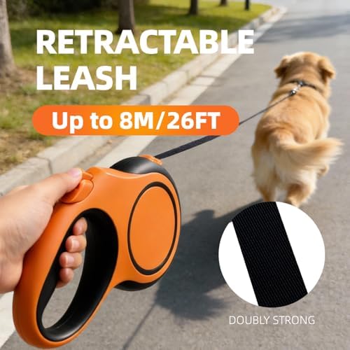 26Ft Retractable Dog Leash, Heavy Duty Great Leash for Dog up to 110 lbs, Anti-Slip Rubberized Handle, One-Handed Brake, Strong Nylon Tape, Tangle Free(Large，Orange&Black).